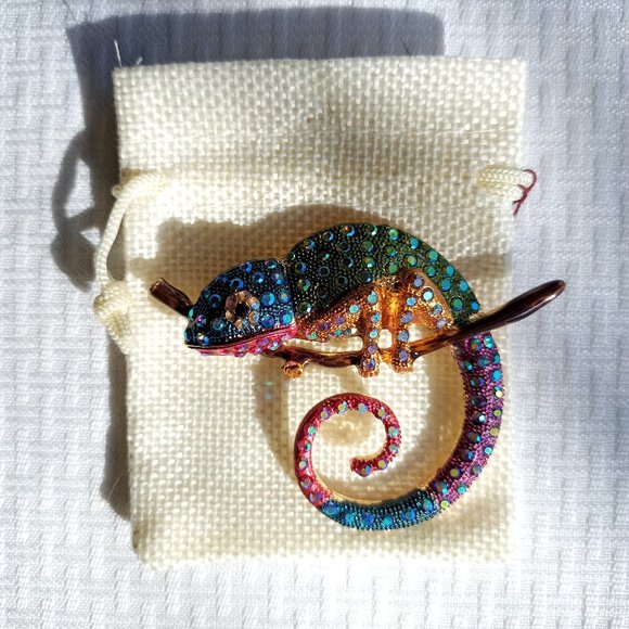 Rainbow Chamelion Lizard Rhinestone Pin Broach - Picture 3 of 5